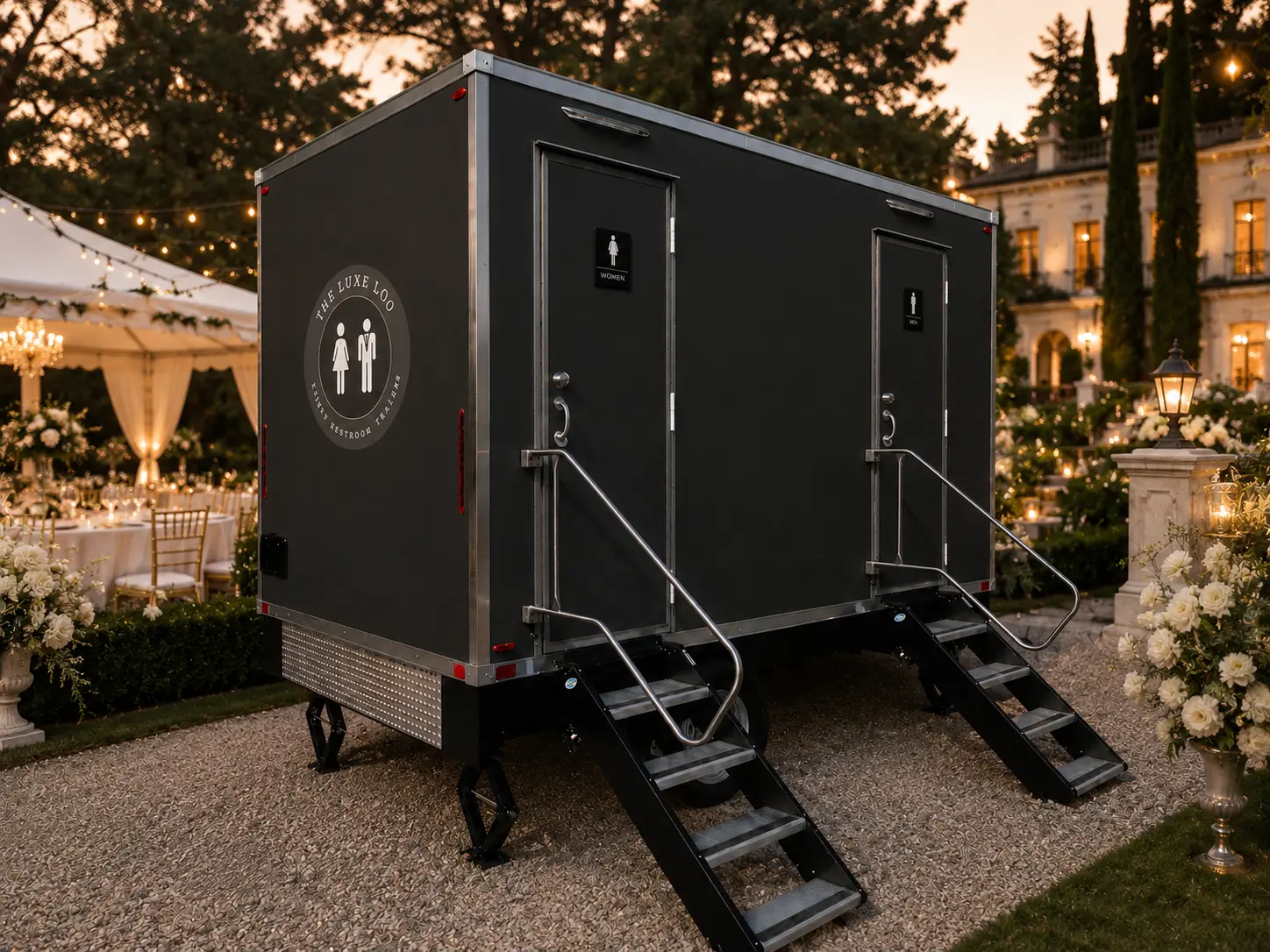 Luxury restroom trailer set up at an elegant outdoor wedding in Central Ohio