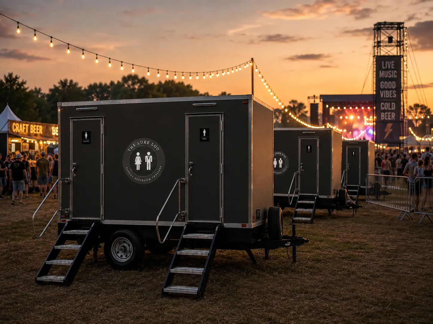 Luxury restroom trailers at a lively festival with string lights and live music