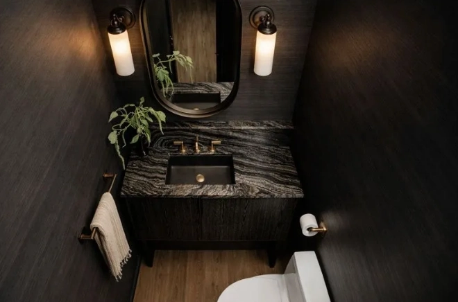Luxury restroom trailer interior with elegant finishes in Columbus Ohio